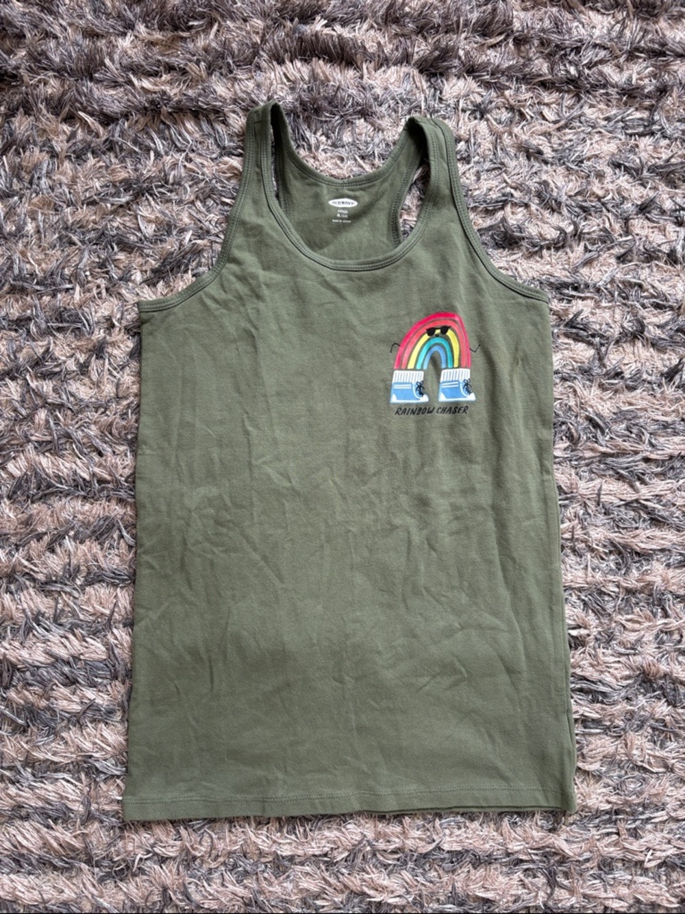 Fitted Olive Green Tank with Rainbow Graphic